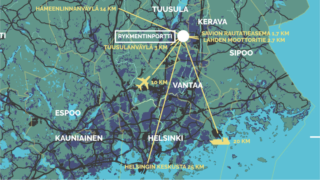 Map: Distance to airport 10 km, distance to Center of Helsinki 25 km, distance to Vuosaari Harbour 20 km