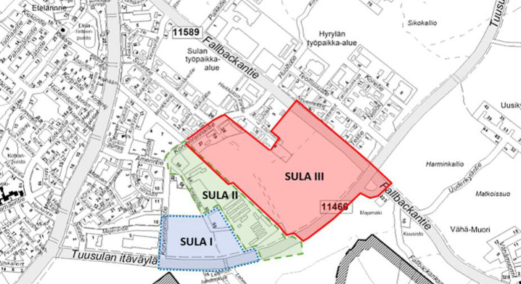 Map: New area Sula 3 is located in the area delimited by Fallbackantie, Korvenrannantie and Tuusula Itäväylä.