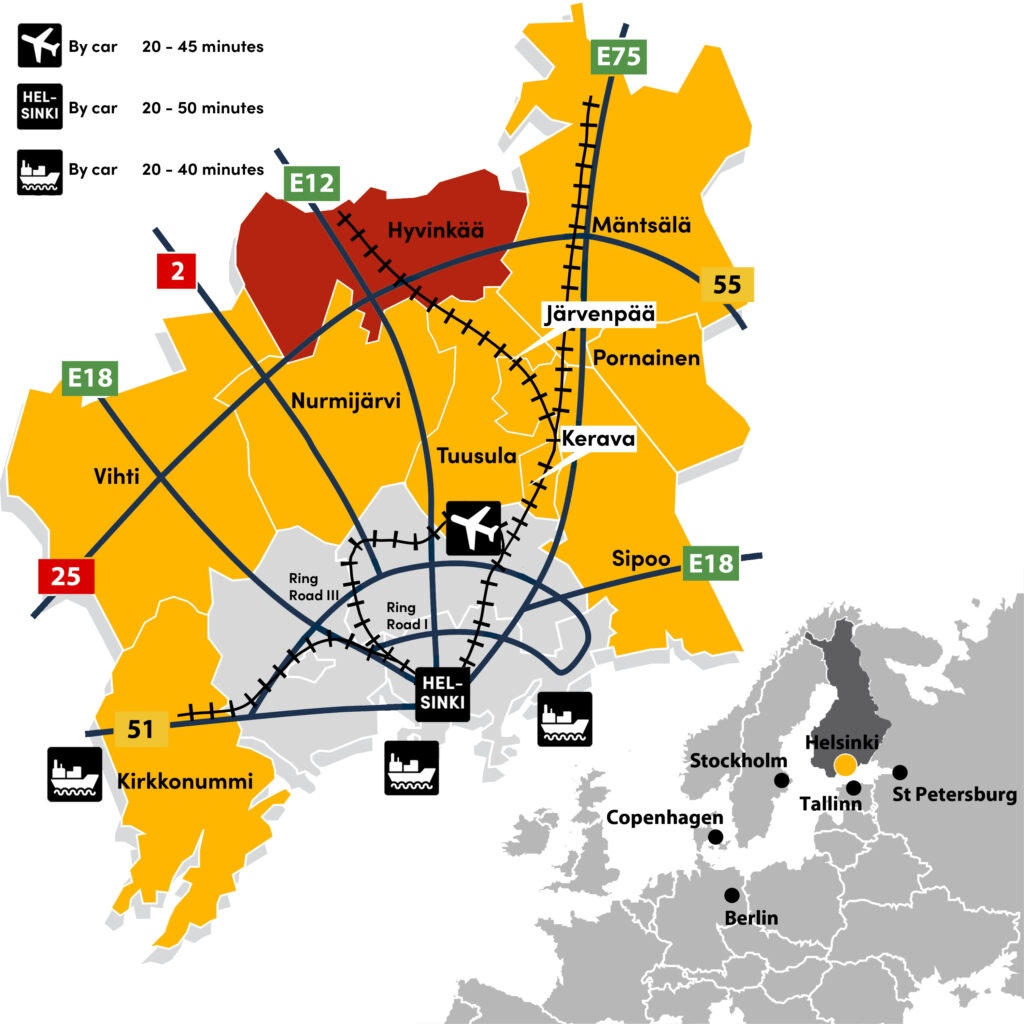 Map: Hyvinkää is nearby European Road E12 from Helsinki to Vaasa. Travel by car to Helsinki takes about 50 min and to airport about 30 min.