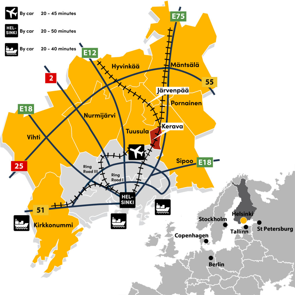 Map: Kerava is nearby European Road E75 from Helsinki to Oulu. Travel by car to Helsinki takes about 35 min and to airport about 20 min.