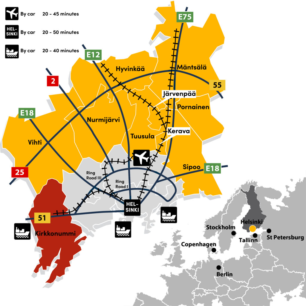 Map: Kirkkonummi is nearby Finnish Mainroad 51 from Helsinki to Raasepori. Travel by car to Helsinki takes about 30 min and to airport about 35 min.