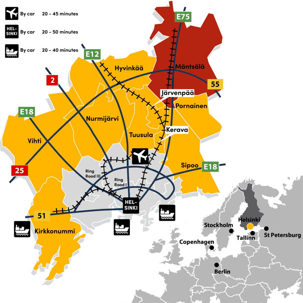 Map: Mäntsälä is nearby European Road E75 from Helsinki to Oulu. Travel by car to Helsinki takes about 50 min and to airport about 40 min.