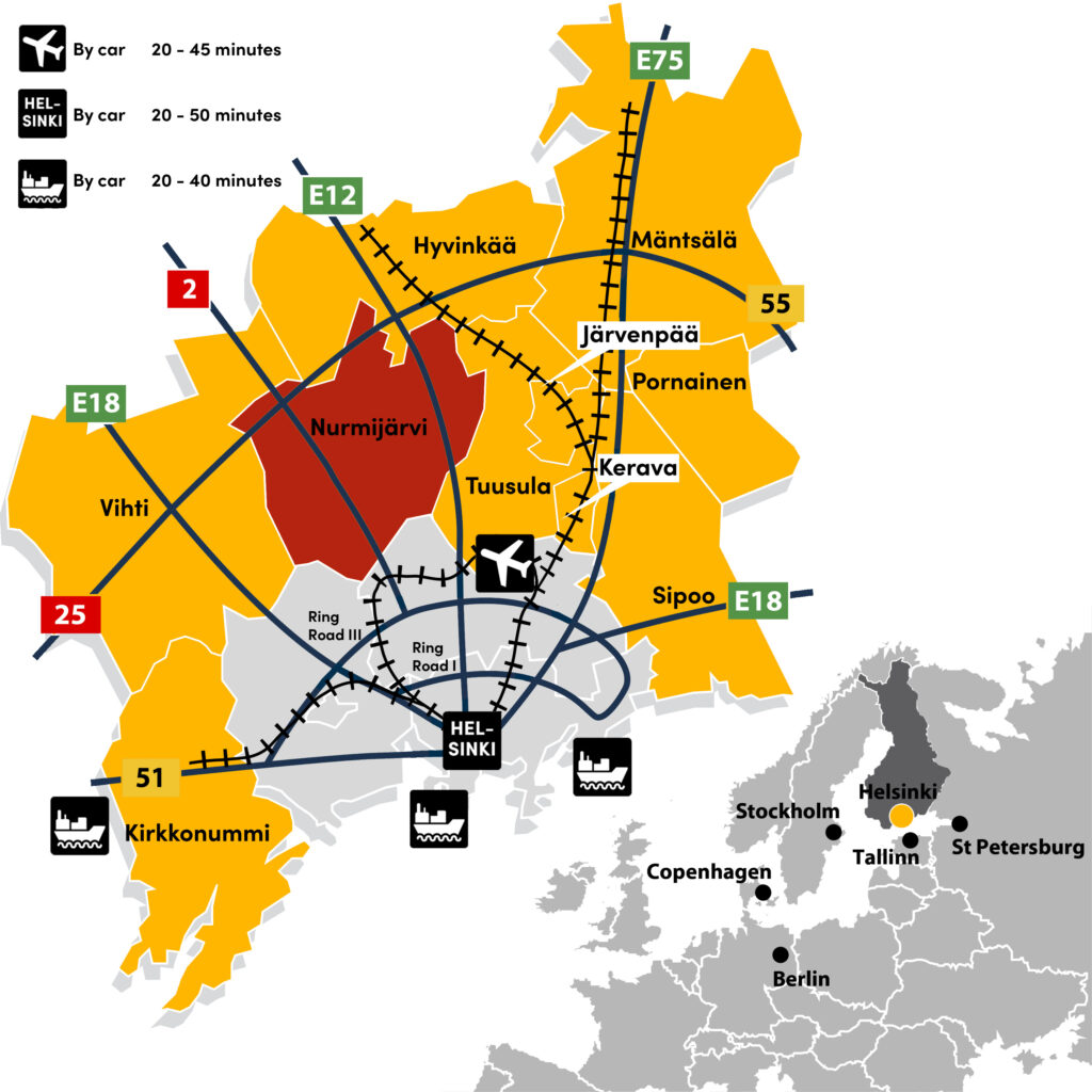 Map: Nurmijärvi is nearby European Road E12 from Helsinki to Vaasa. Travel by car to Helsinki takes about 40 min and to airport about 20 min.