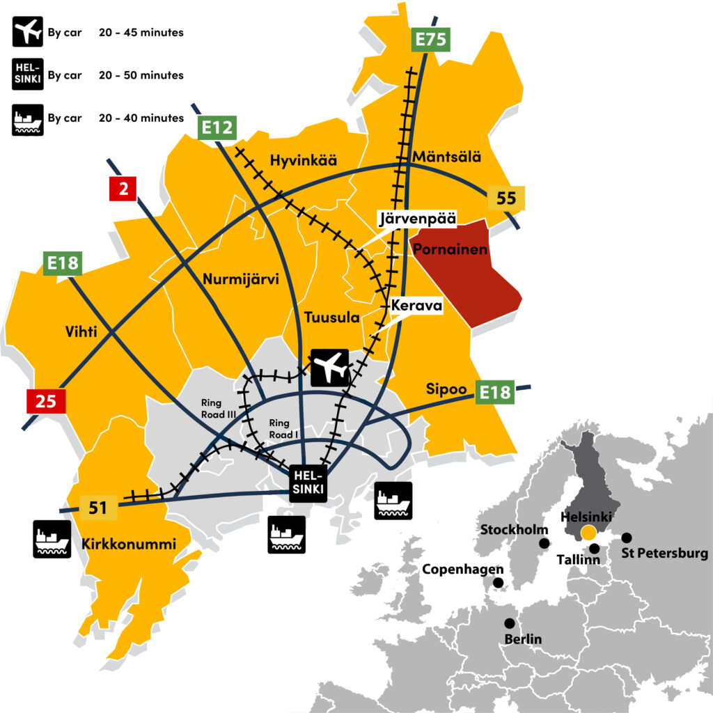 Map: Pornainen is nearby European Road E75 from Helsinki to Oulu. Travel by car to Helsinki takes about 45 min and to airport about 40 min.