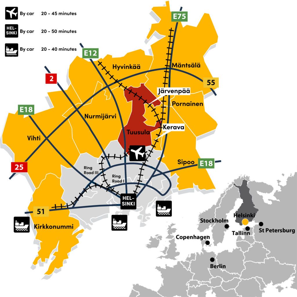 Map: Tuusula is nearby European Road E12 from Helsinki to Vaasa. Travel by car to Helsinki takes about 40 min and to airport about 20 min.