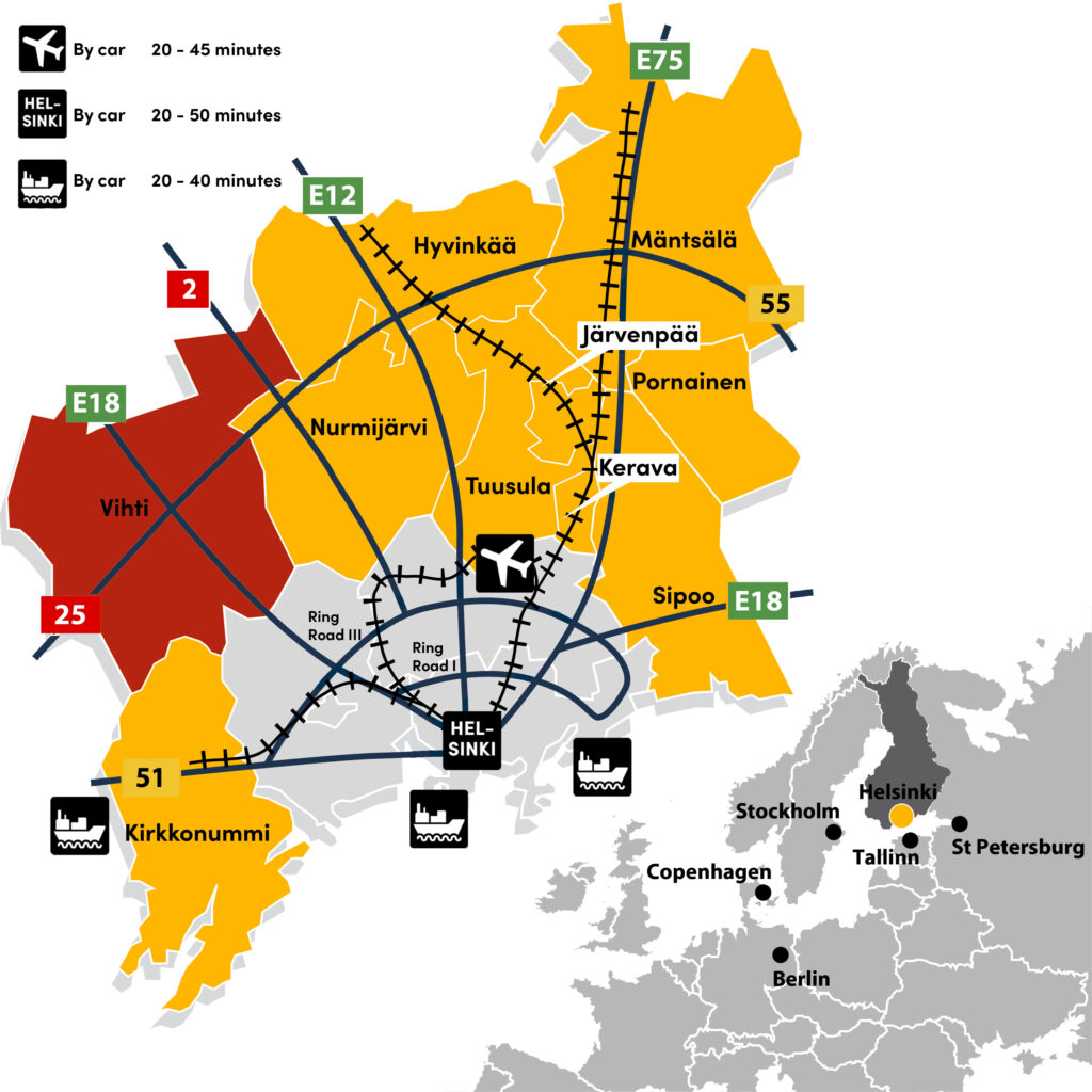 Map: Vihti is nearby European Road E18 from Helsinki to Turku. Travel by car to Helsinki takes about 40 min.