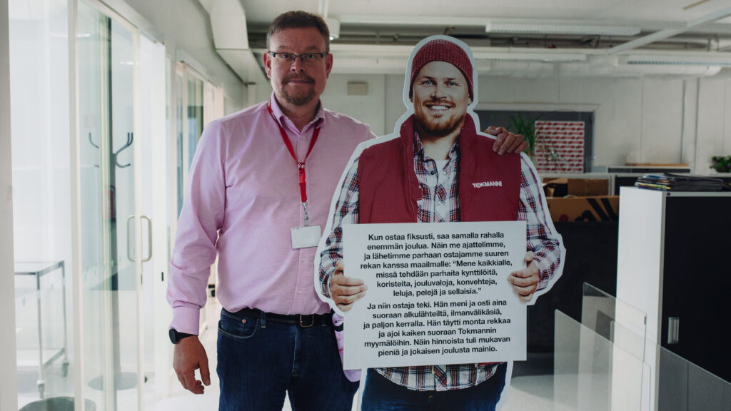 Pekka Ääri, Marketing and Communications Director of Tokmanni, and Mr Tokmanni cardboard figure