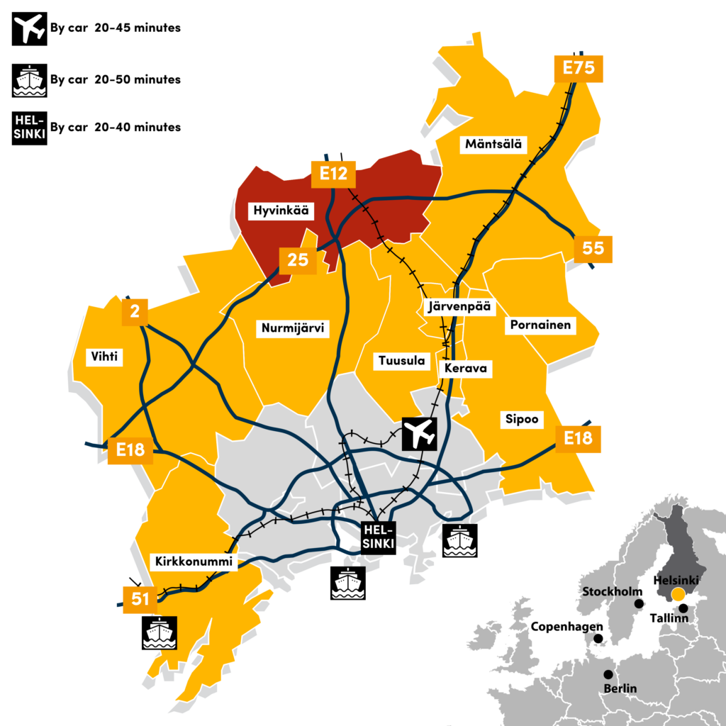 Map: The Helsinki Ring of Industry is situated near Helsinki, only 20-40 minutes by car from the city center. The Martinlehto Business Area, Sahanmäki industrial area, Antinsaari business district and the Sveitsin Portaali in Hyvinkää are located on the north side of Helsinki.
