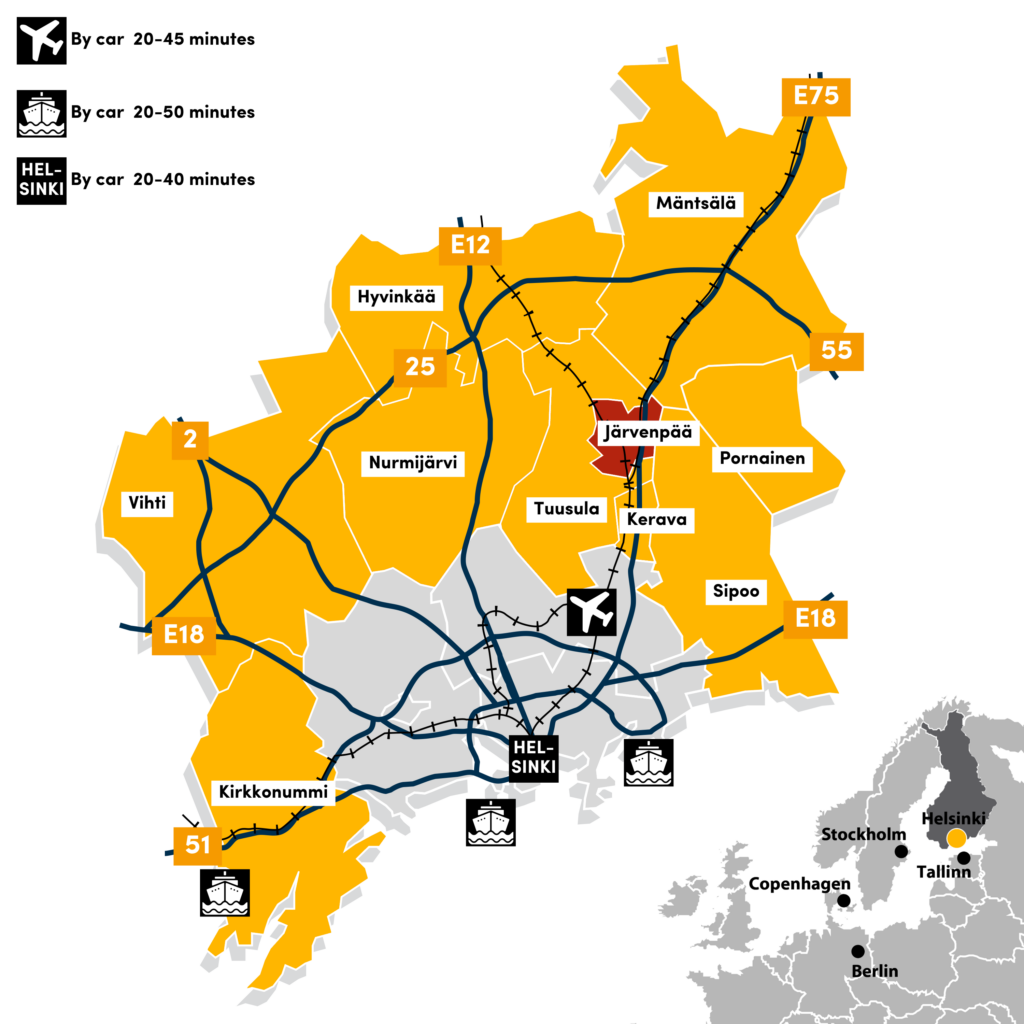 Map: The Helsinki Ring of Industry is situated near Helsinki, only 20-40 minutes by car from the city center. The Svengi Business Park in Järvenpää is located on the north side of Helsinki.
