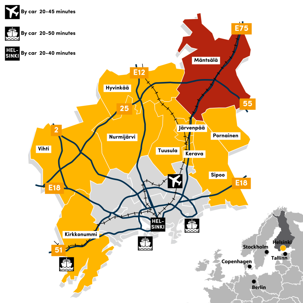 Map: The Helsinki Ring of Industry is situated near Helsinki, only 20-40 minutes by car from the city center. The Kapuli Industrial Park in Mäntsälä is located on the north side of Helsinki.