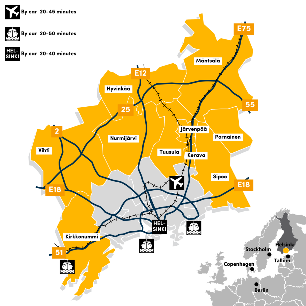 Map: The Helsinki Ring of Industry is situated near Helsinki, only 20-40 minutes by car from the city center. All of our industrial areas are located in excellent locations near the main airport and harbours.