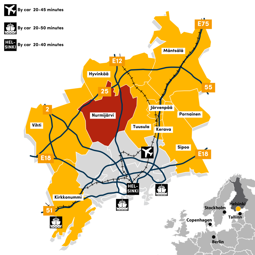 Map: The Helsinki Ring of Industry is situated near Helsinki, only 20-40 minutes by car from the city center. The Ilvesvuori Business Area in Nurmijärvi is located on the north side of Helsinki.