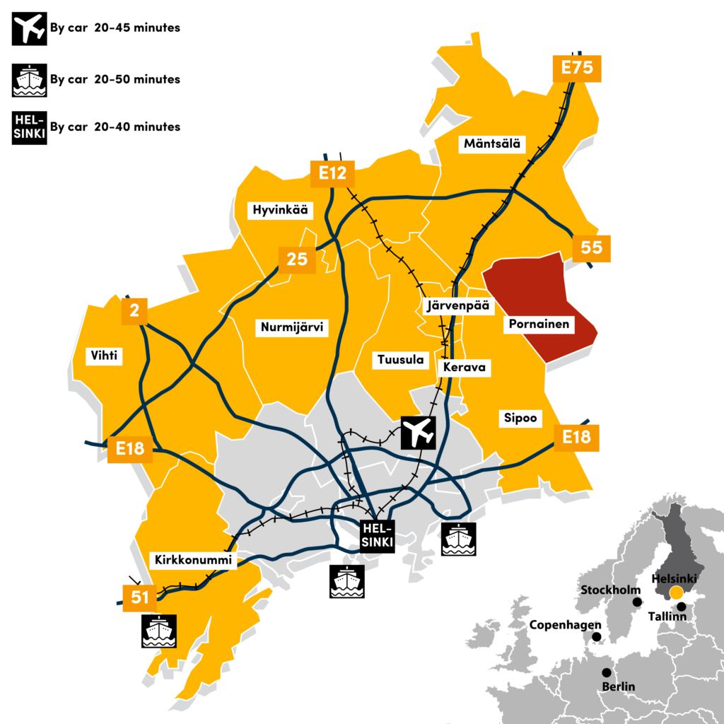Map: The Helsinki Ring of Industry is situated near Helsinki, only 20-40 minutes by car from the city center. The Pornaisten Portti industrial area in Pornainen is located on the northeast side of Helsinki.