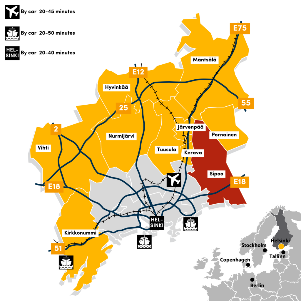 Map: The Helsinki Ring of Industry is situated near Helsinki, only 20-40 minutes by car from the city center. The Sibbesborg Business Area in Sipoo is located on the northeast side of Helsinki.