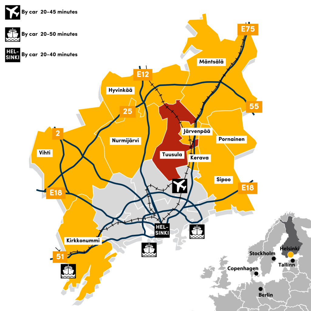 Map: The Helsinki Ring of Industry is situated near Helsinki, only 20-40 minutes by car from the city center. The Rykmentinportti industrial area and the Sula industrial area in Tuusula are located on the north side of Helsinki.