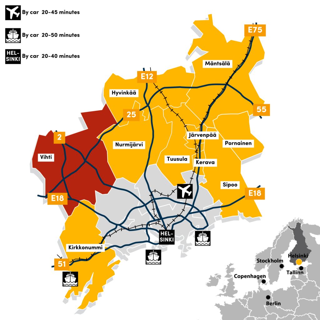 Map: The Helsinki Ring of Industry is situated near Helsinki, only 20-40 minutes by car from the city center. The Rosti Business Park and the Hiidenlaakso Industrial area in Vihti are located on the northwest side of Helsinki.